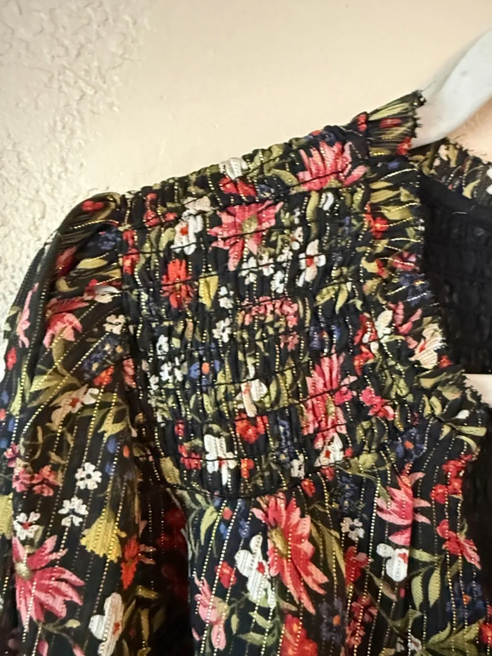Old‎ Navy Black Floral Smocked-Neck Blouse with Pink and Red Flowers